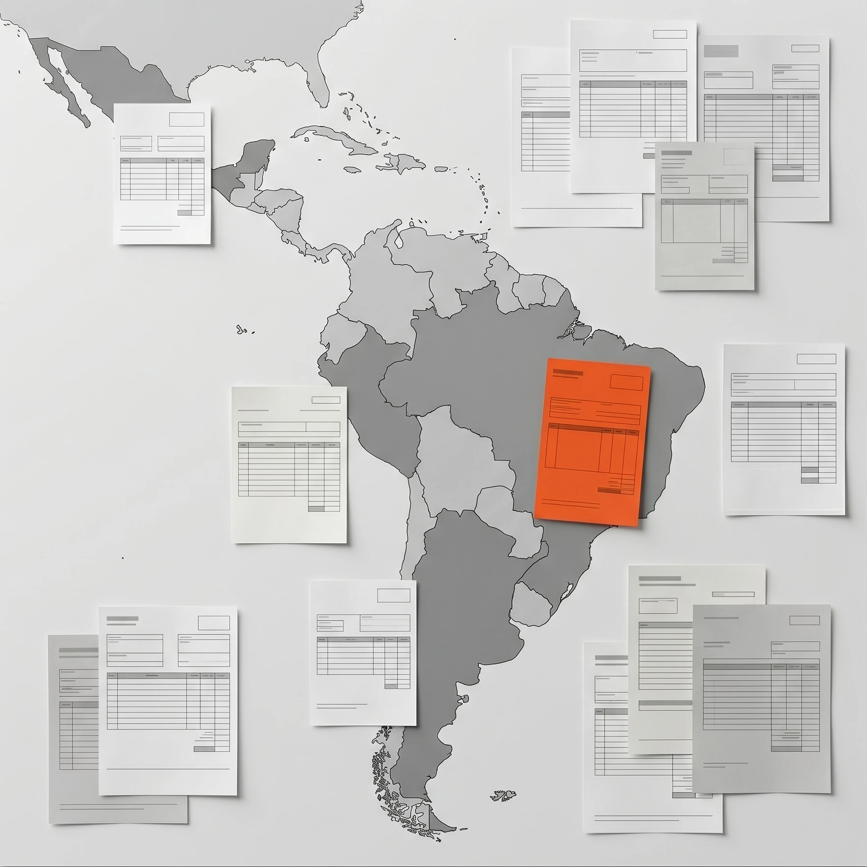 Composição em tons de cinza com ponto laranja: comprovantes de despesa de países diferentes vistos do alto, dispostos sobre um mapa estilizado, um deles destacado